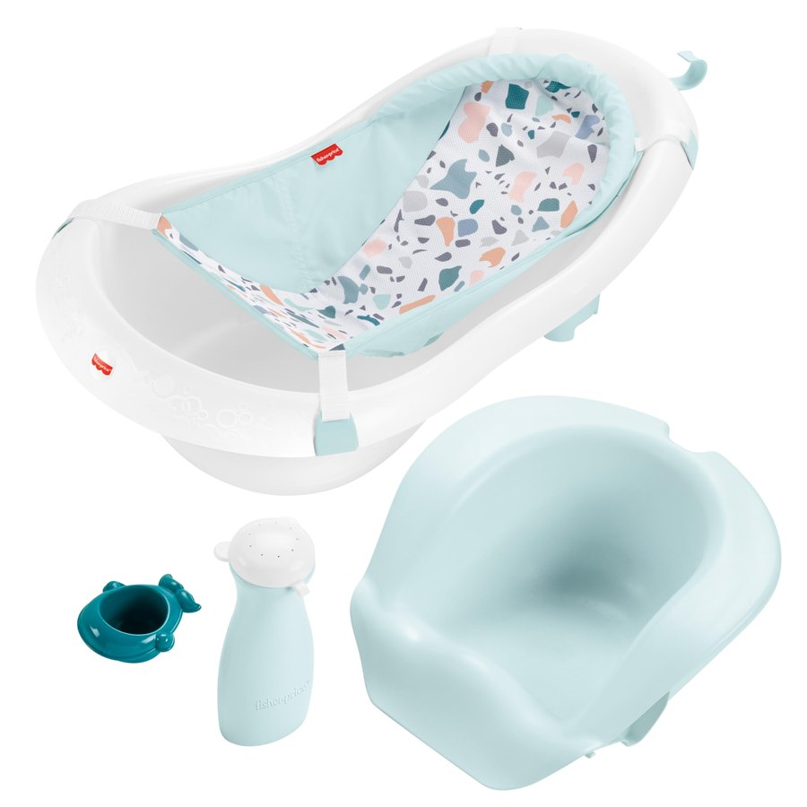 Fisher-Price 4-in-1 Sling 'n Seat Tub in Pacific Pebble with mesh sling, seat insert, rinse bottle and scoop