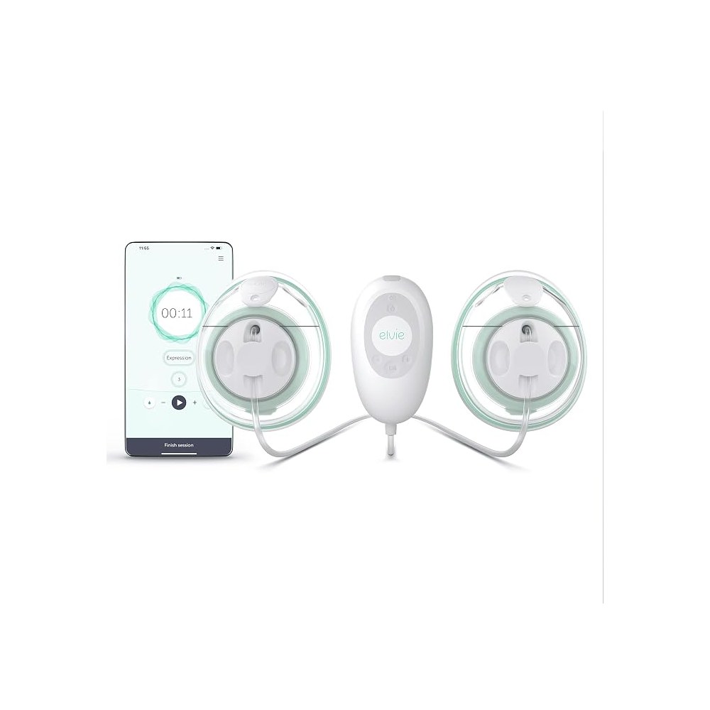 Elvie Stride breast pump cups with hub and the Elvie app