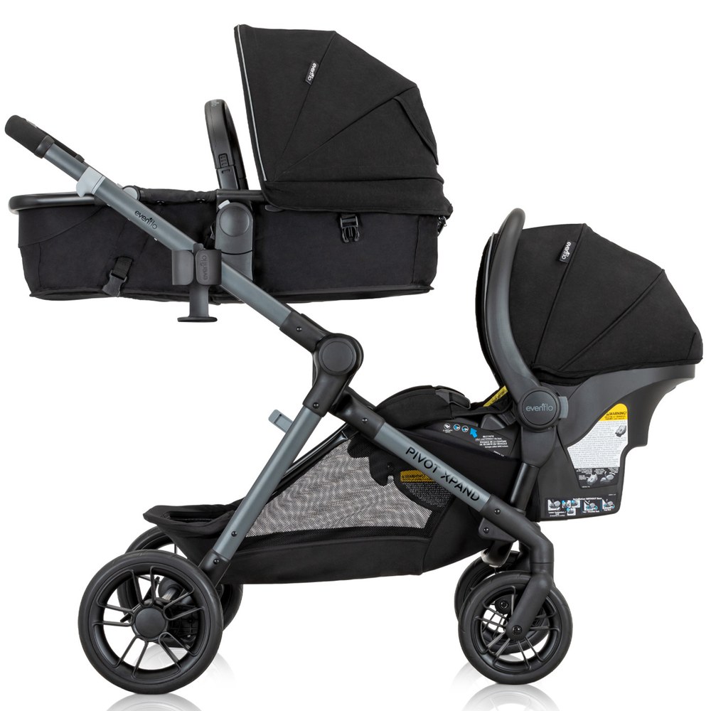 Evenflo Pivot Xpand stroller frame in double configuration with carriage and infant car seat