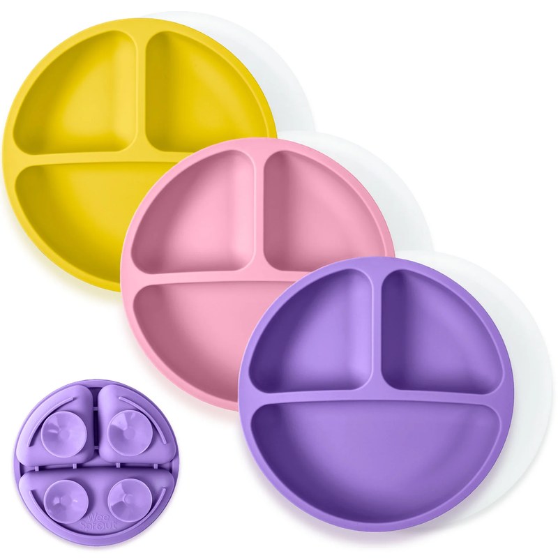 WeeSprout silicone suction plates in three colors with matching lids