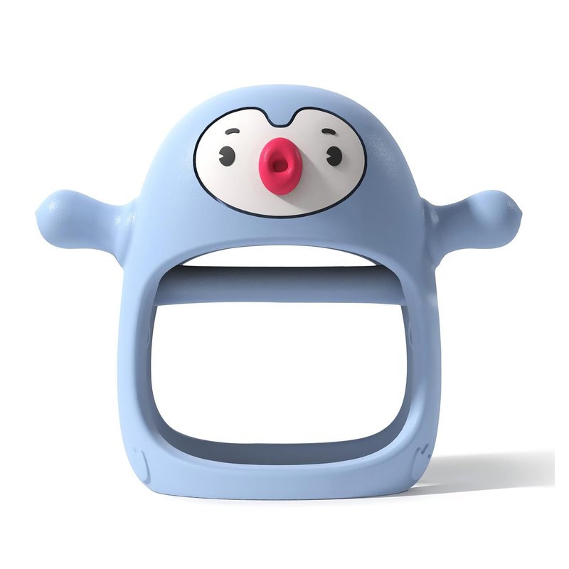 Smily Mia penguin silicone teether in light blue with a hand grip opening