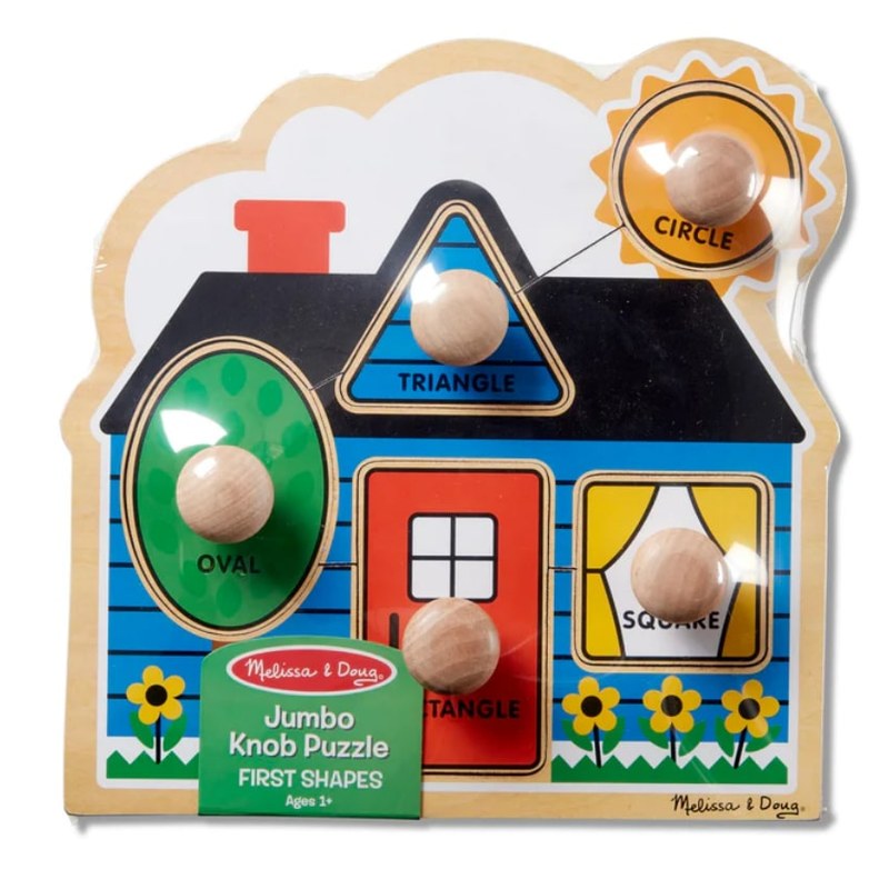 Melissa and Doug First Shapes Jumbo Knob Puzzle with five shape pieces on a house-shaped board