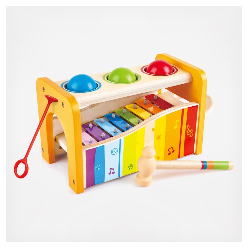 Hape Pound and Tap Bench with three balls, hammer and slide-out xylophone