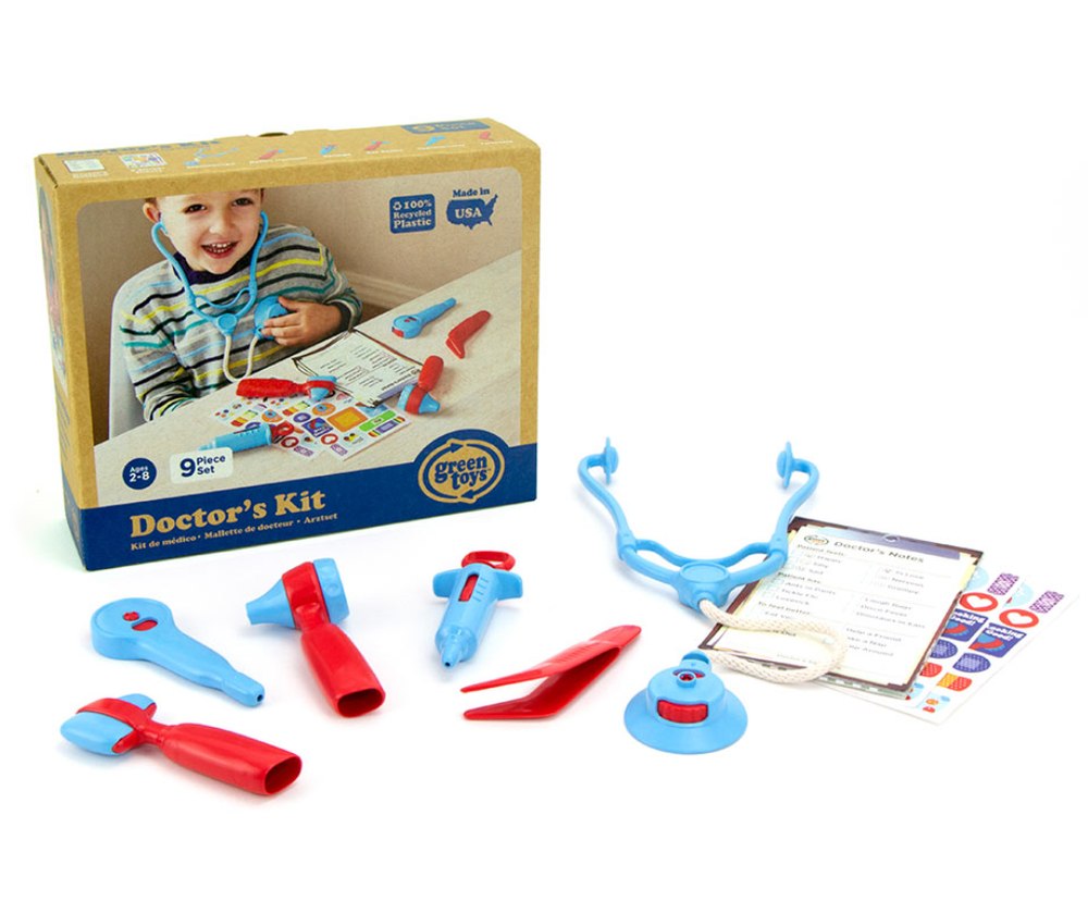 Green Toys Doctors Kit with stethoscope, thermometer, syringe and other check-up tools