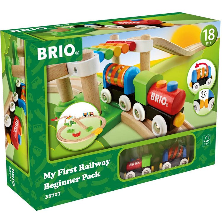 BRIO My First Railway Beginner Pack box showing the wooden train, rainbow bridge and track