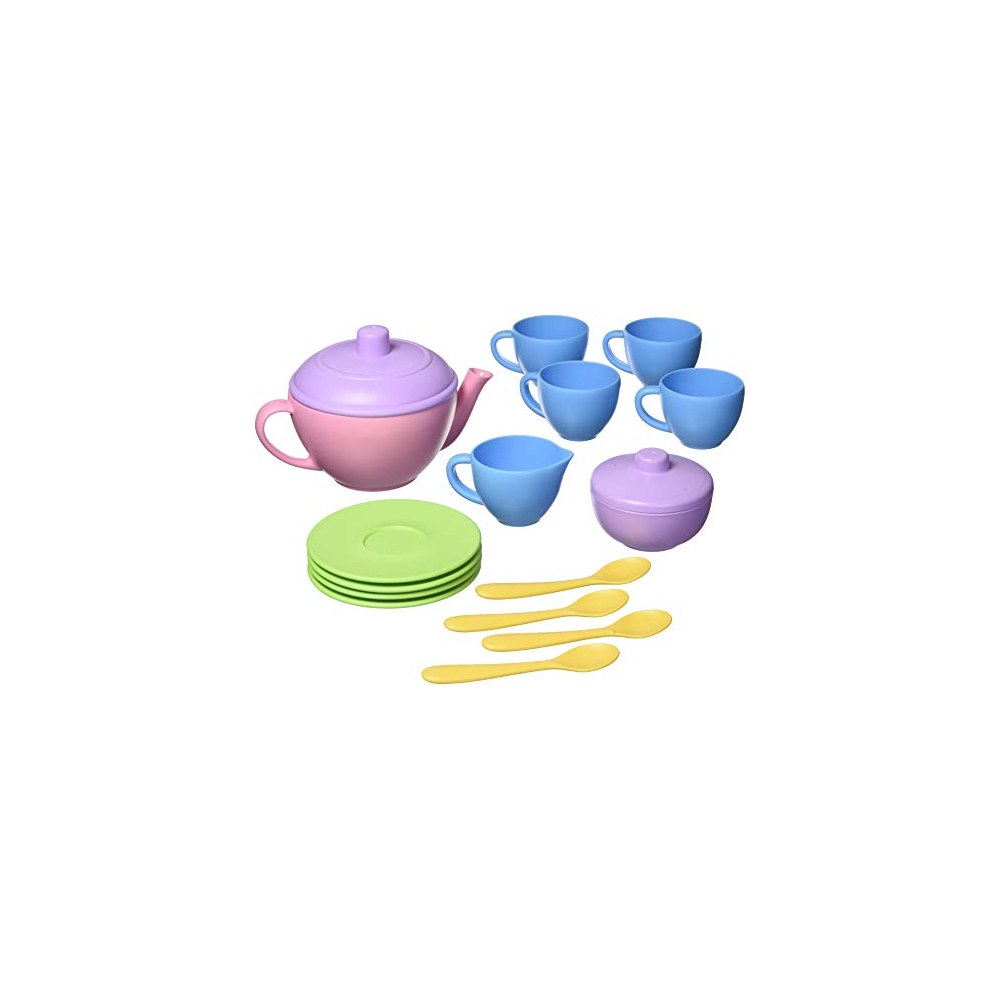 Green Toys tea set with teapot, cups, saucers and spoons
