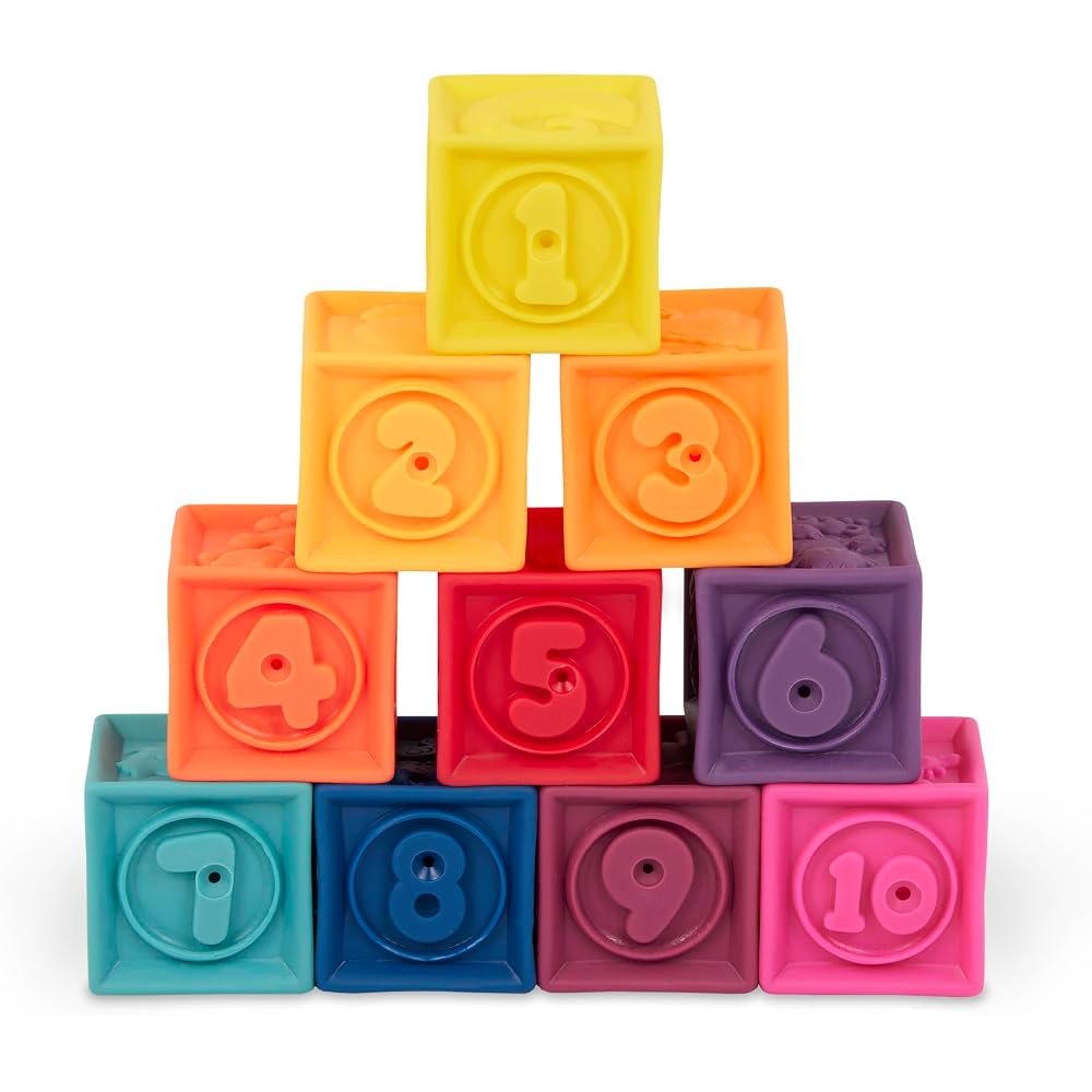 B. toys One Two Squeeze soft blocks stacked with embossed numbers and animals